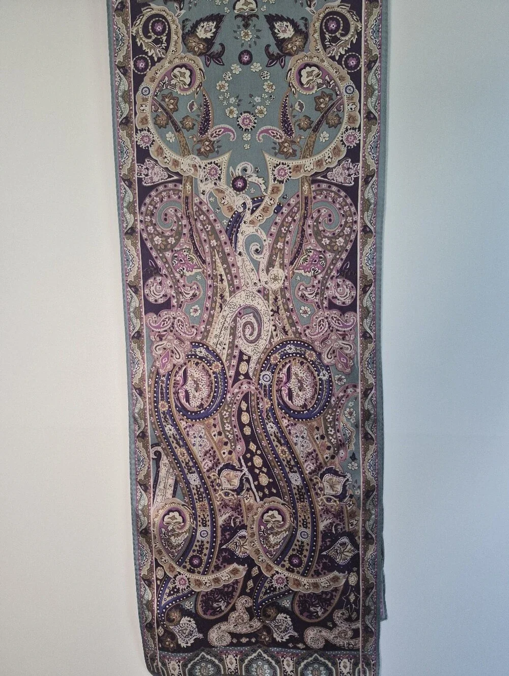 Vintage Echo New York Silk Paisley Oblong Scarf Long Purple Teal Boho Old Money